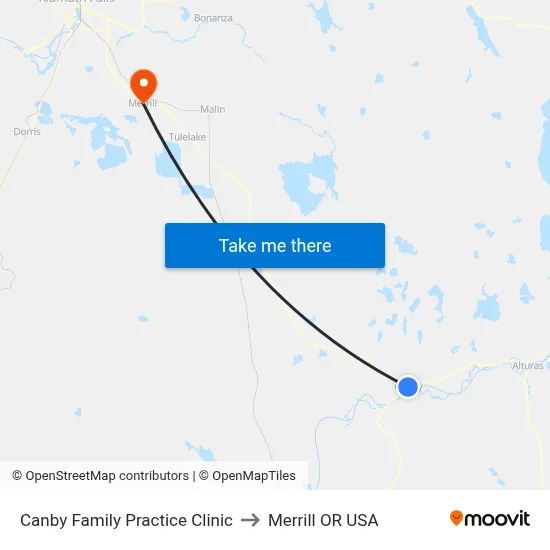 Canby Family Practice Clinic to Merrill OR USA map