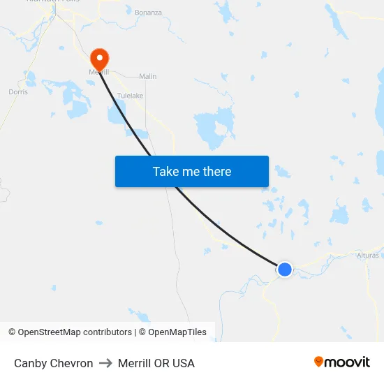 Canby Chevron to Merrill OR USA map