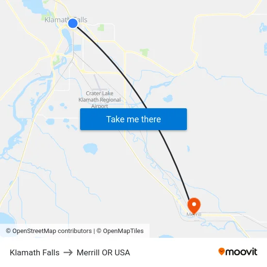 Klamath Falls to Merrill OR USA map