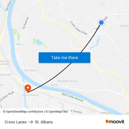 Cross Lanes to St. Albans map