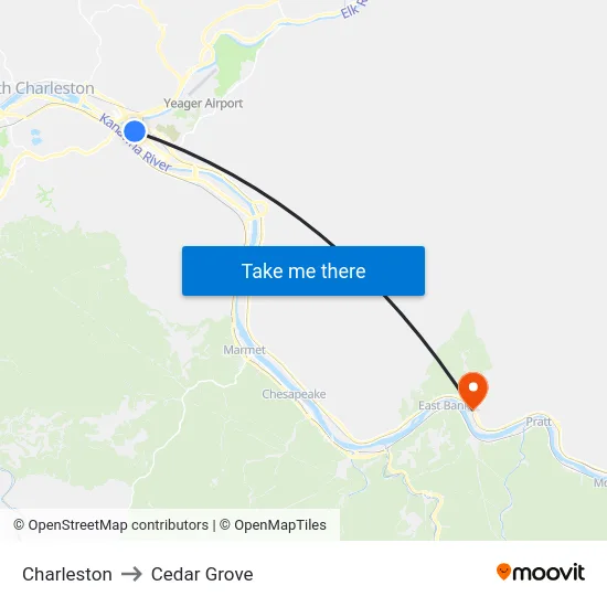 Charleston to Cedar Grove map