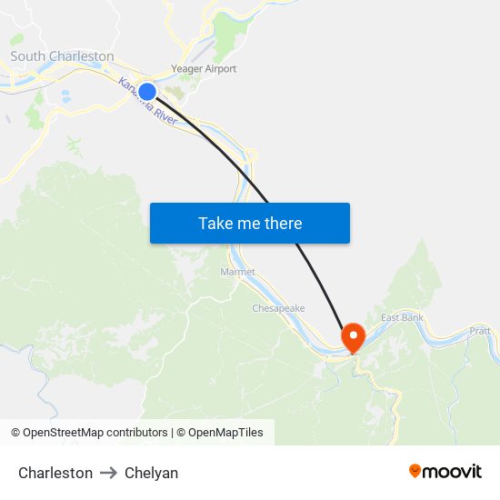 Charleston to Chelyan map