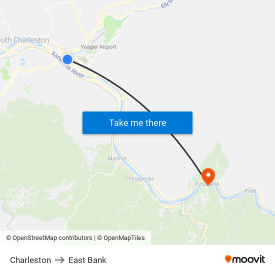 Charleston to East Bank map