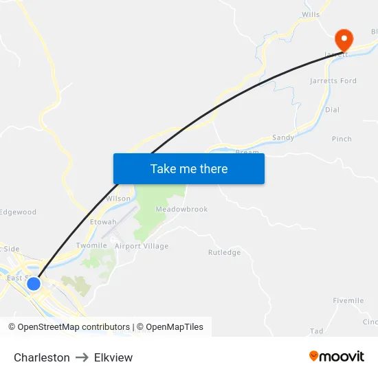 Charleston to Elkview map