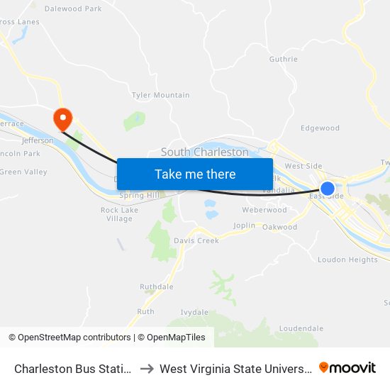 Charleston Bus Station to West Virginia State University map