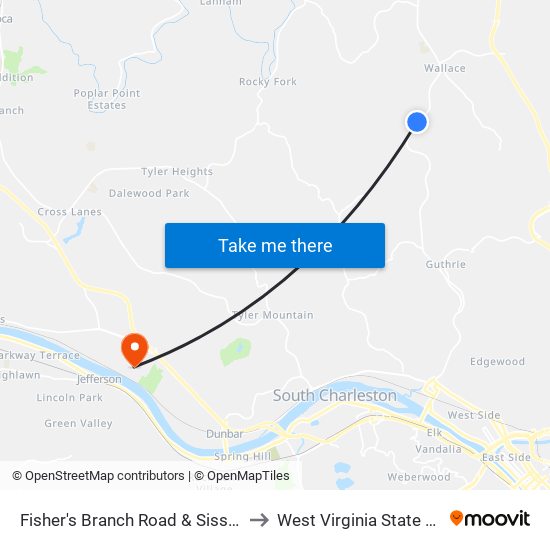 Fisher's Branch Road & Sissonville Drive to West Virginia State University map