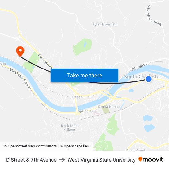 D Street & 7th Avenue to West Virginia State University map