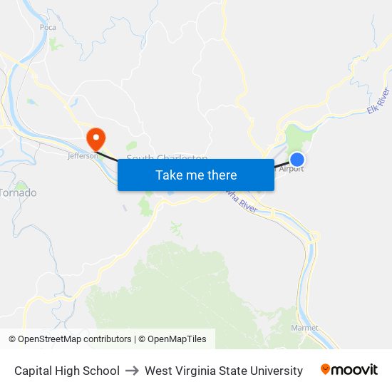 Capital High School to West Virginia State University map