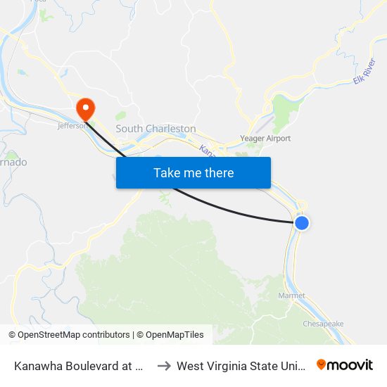 Kanawha Boulevard at Malden to West Virginia State University map