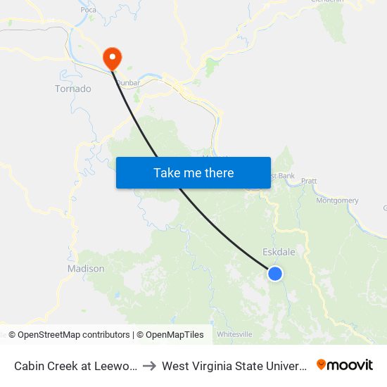 Cabin Creek at Leewood to West Virginia State University map