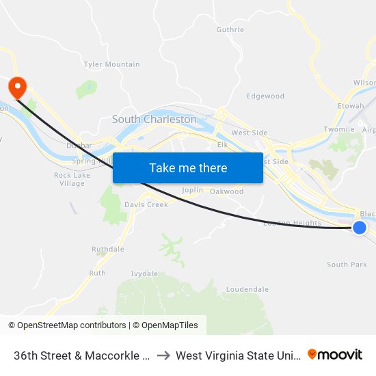 36th Street & Maccorkle Avenue to West Virginia State University map