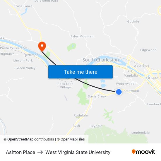 Ashton Place to West Virginia State University map