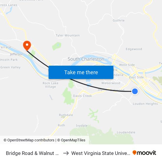 Bridge Road & Walnut Road to West Virginia State University map