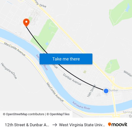 12th Street & Dunbar Avenue to West Virginia State University map