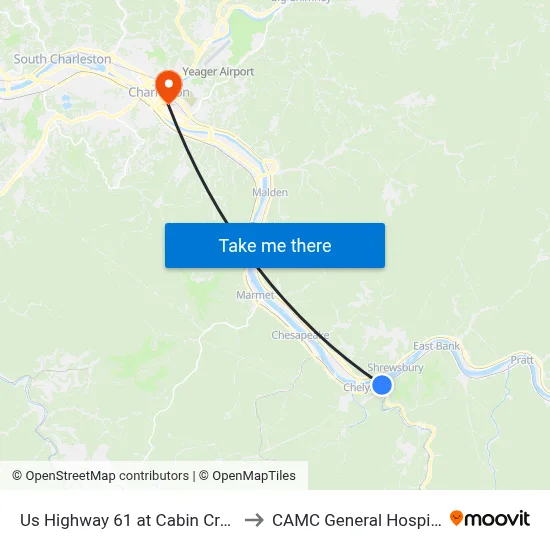 Us Highway 61 at Cabin Creek to CAMC General Hospital map