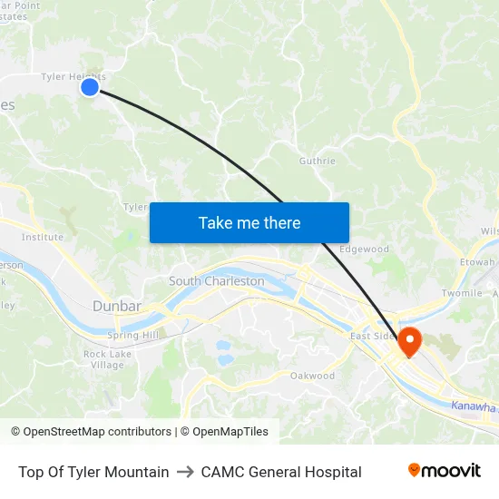 Top Of Tyler Mountain to CAMC General Hospital map