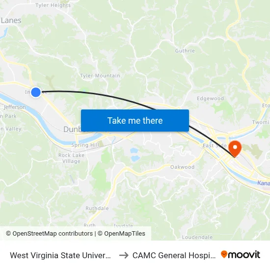 West Virginia State University to CAMC General Hospital map