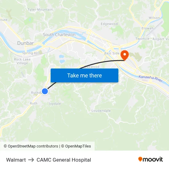 Walmart to CAMC General Hospital map