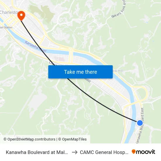 Kanawha Boulevard at Malden to CAMC General Hospital map