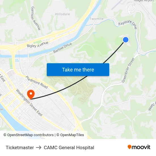 Ticketmaster to CAMC General Hospital map