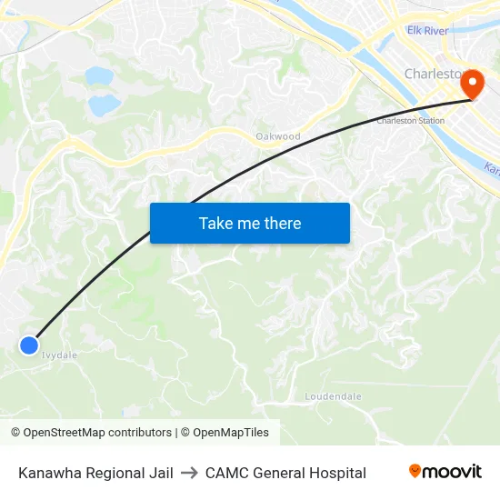 Kanawha Regional Jail to CAMC General Hospital map