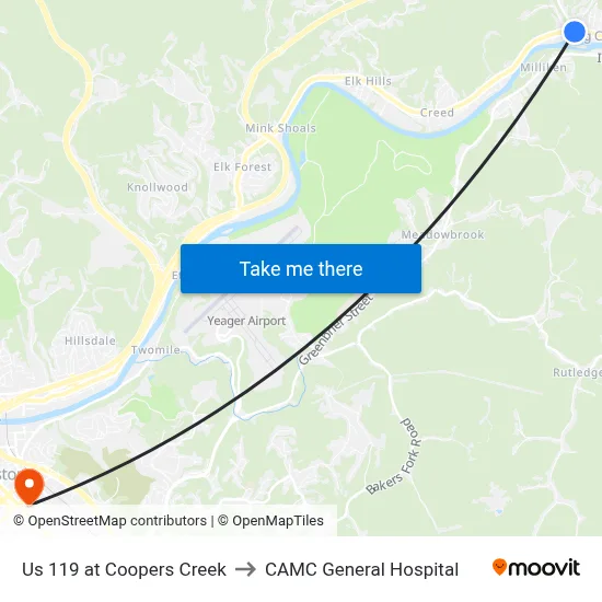 Us 119 at Coopers Creek to CAMC General Hospital map