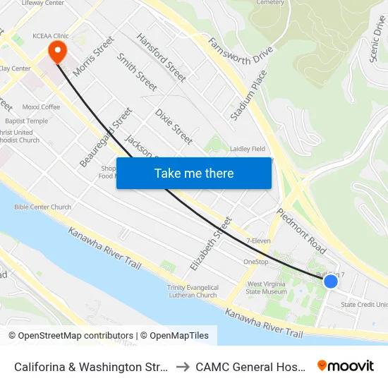 Califorina & Washington Streets to CAMC General Hospital map