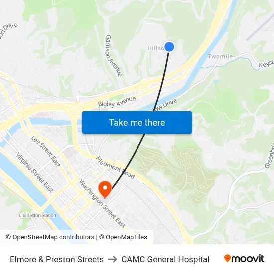 Elmore & Preston Streets to CAMC General Hospital map