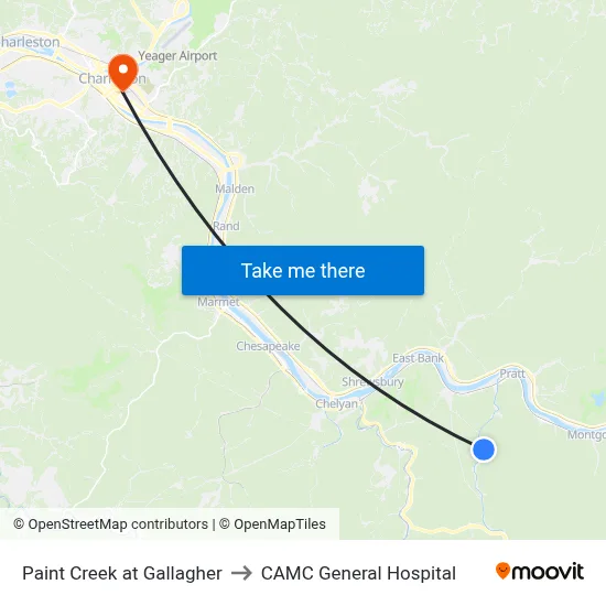 Paint Creek at Gallagher to CAMC General Hospital map