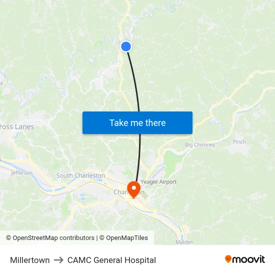 Millertown to CAMC General Hospital map