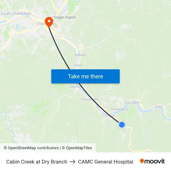 Cabin Creek at Dry Branch to CAMC General Hospital map