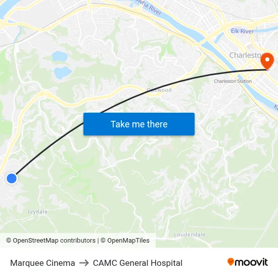 Marquee Cinema to CAMC General Hospital map