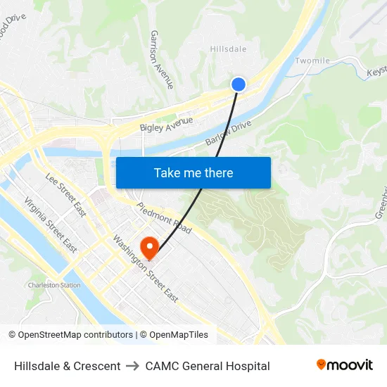 Hillsdale & Crescent to CAMC General Hospital map