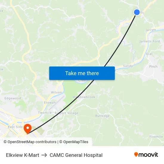 Elkview K-Mart to CAMC General Hospital map