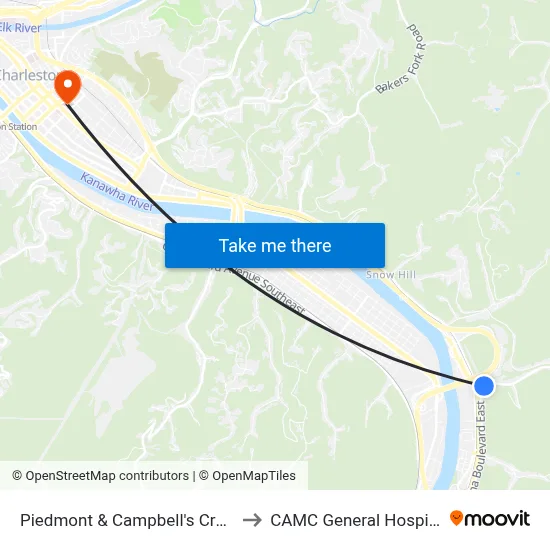 Piedmont & Campbell's Creek to CAMC General Hospital map
