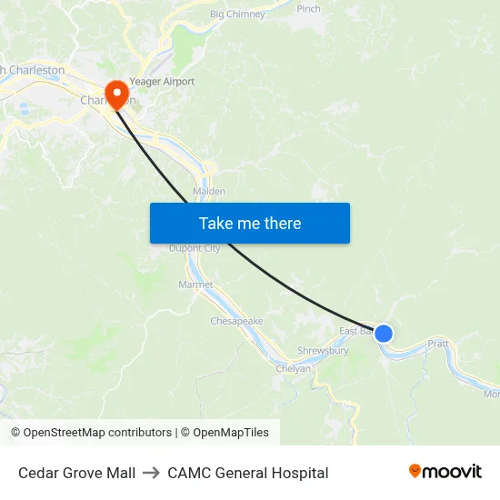 Cedar Grove Mall to CAMC General Hospital map