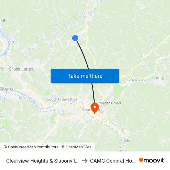 Clearview Heights & Sissonville Drive to CAMC General Hospital map