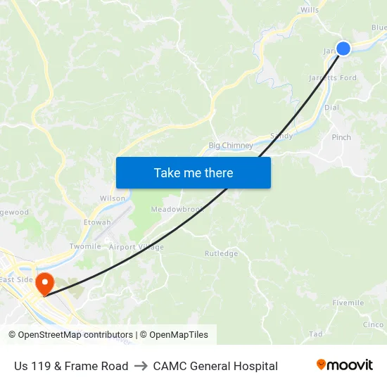 Us 119 & Frame Road to CAMC General Hospital map