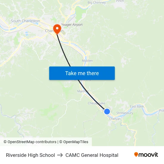 Riverside High School to CAMC General Hospital map