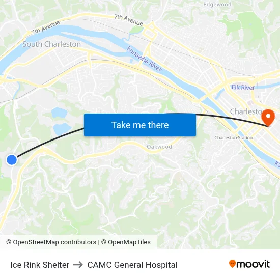 Ice Rink Shelter to CAMC General Hospital map