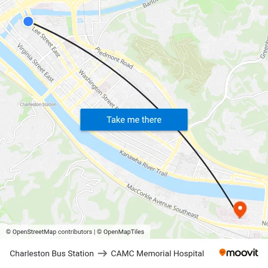 Charleston Bus Station to CAMC Memorial Hospital map