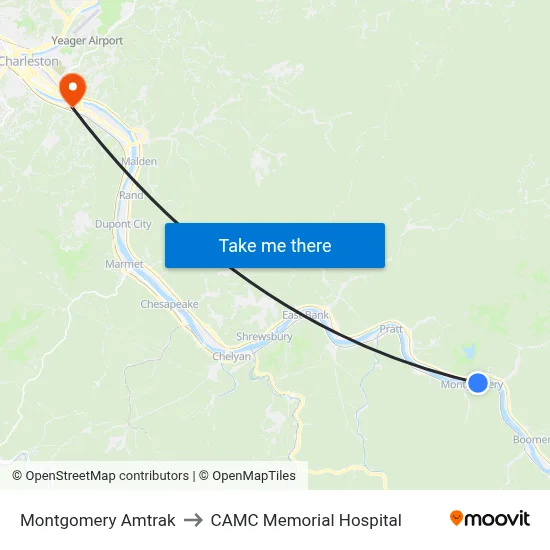 Montgomery Amtrak to CAMC Memorial Hospital map