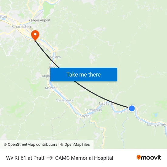 Wv Rt 61 at Pratt to CAMC Memorial Hospital map