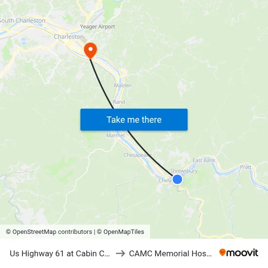 Us Highway 61 at Cabin Creek to CAMC Memorial Hospital map