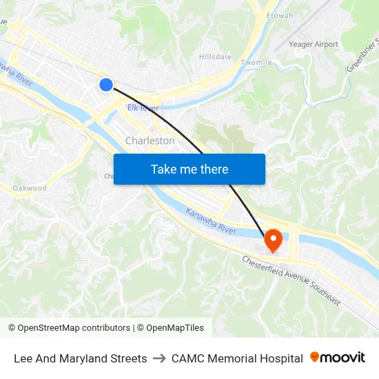 Lee And Maryland Streets to CAMC Memorial Hospital map