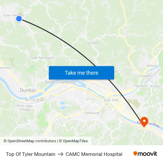 Top Of Tyler Mountain to CAMC Memorial Hospital map