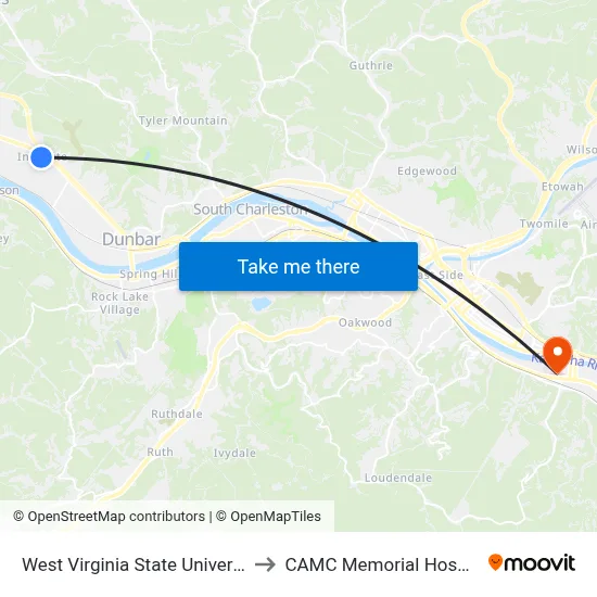 West Virginia State University to CAMC Memorial Hospital map
