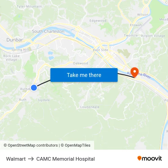 Walmart to CAMC Memorial Hospital map