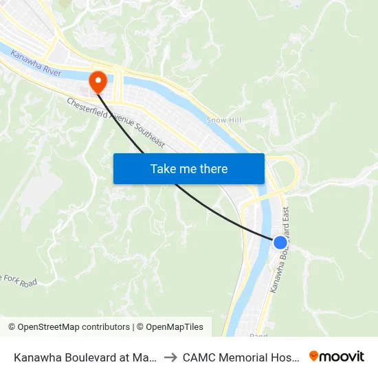Kanawha Boulevard at Malden to CAMC Memorial Hospital map