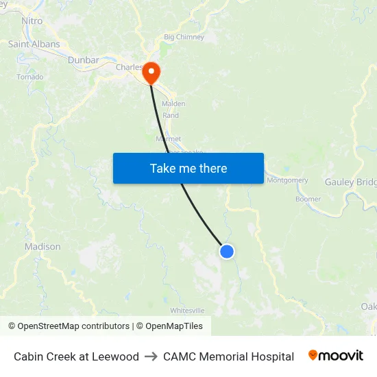 Cabin Creek at Leewood to CAMC Memorial Hospital map